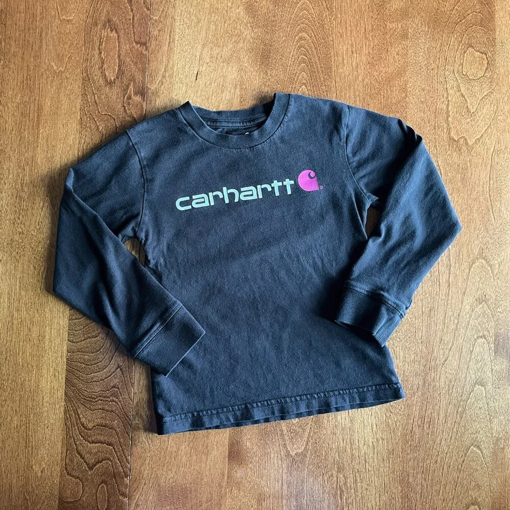 Carhartt black tee with magenta logo 3T
